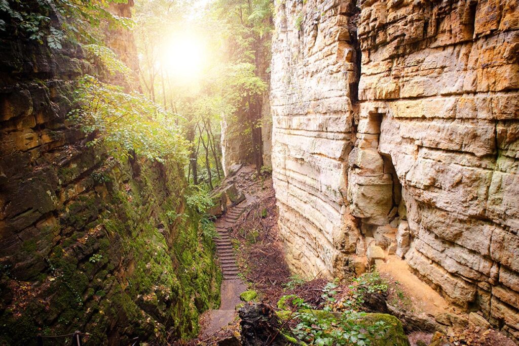 Gorges du loup or Wolfsschlucht on the Mullerthal trail near Echternach in Luxembourg, canyon with sandstone rock formation