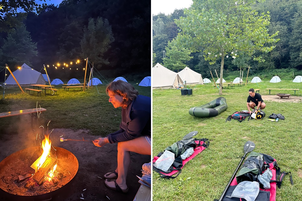 Packraft-uitrusting klaarmaken in het basiskamp van Packraft Travel in Duitsland