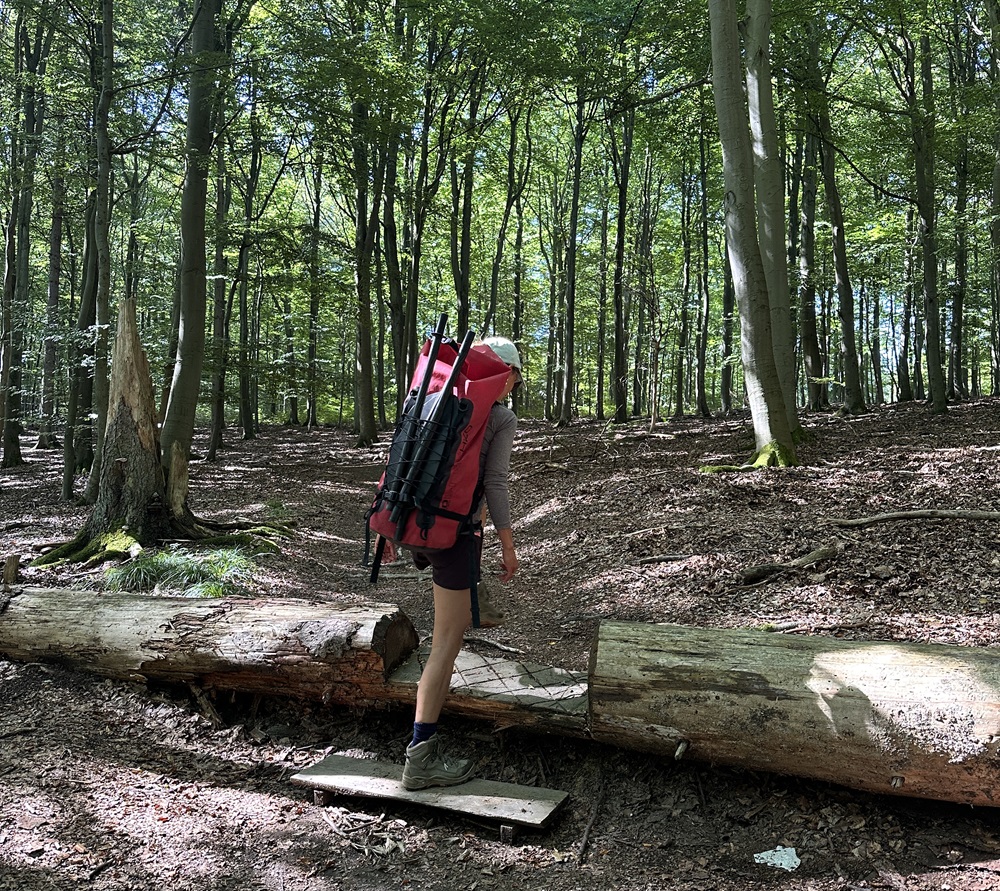 Wandelaar die een packraft-rugzak door het bos draagt in de Eifel